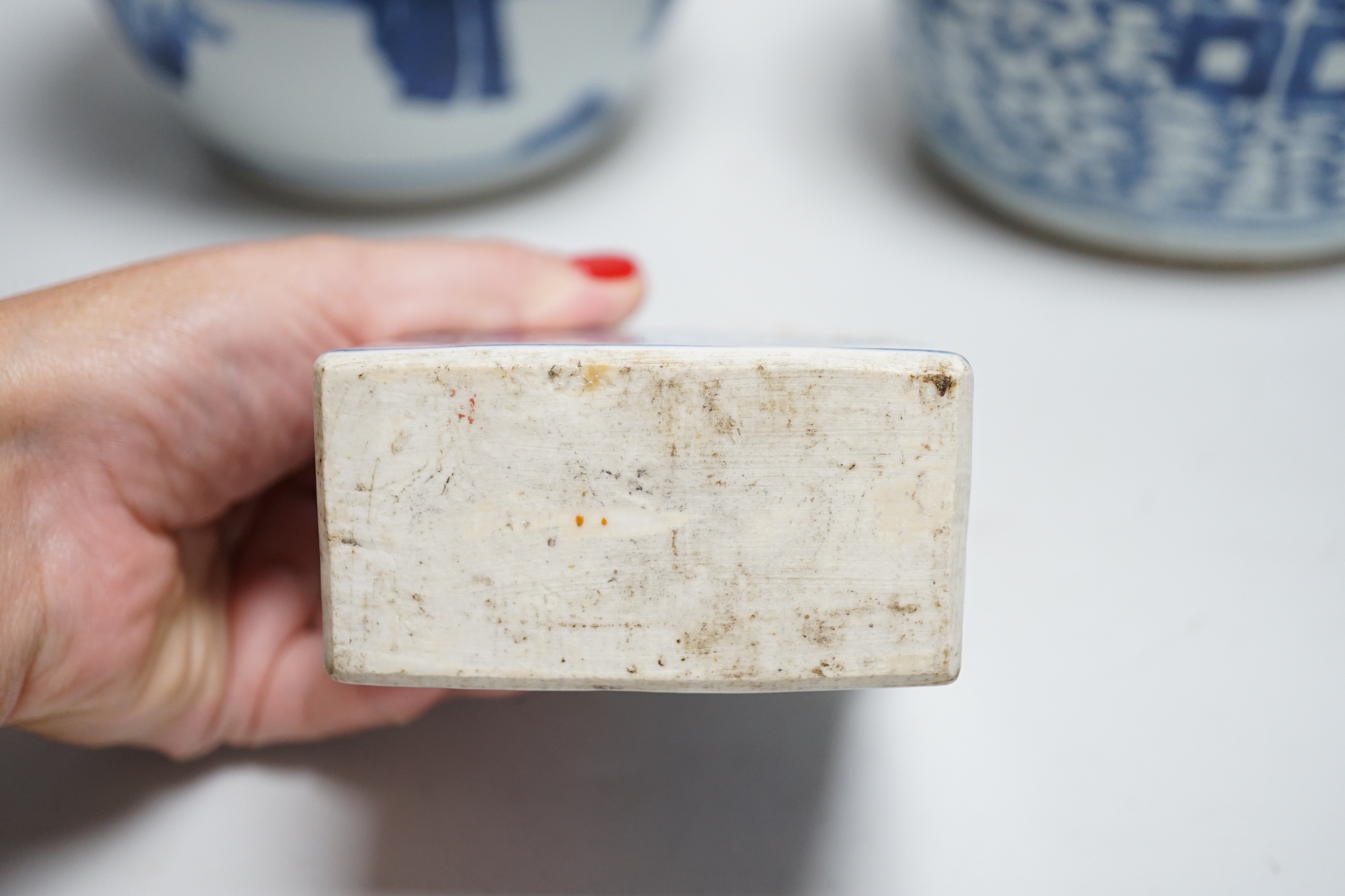 Two Chinese blue and white jars and a similar tea caddy